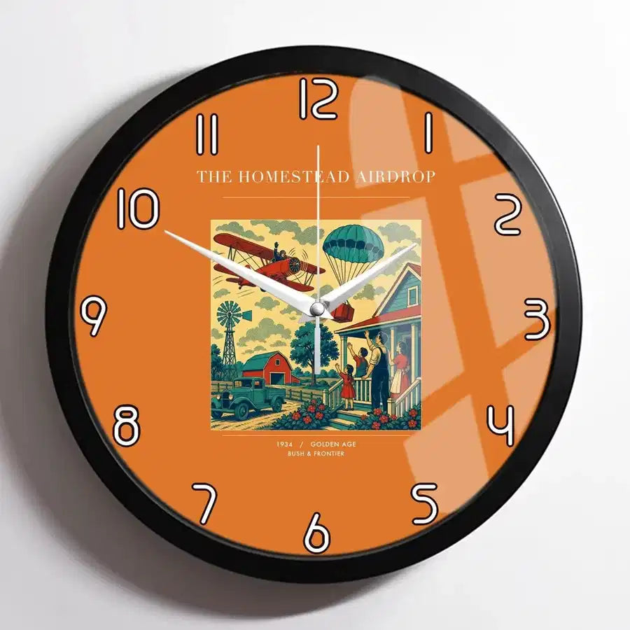 VINTAGE G4199 - The Homestead Airdrop - Designed Wall Clocks design on orange framed