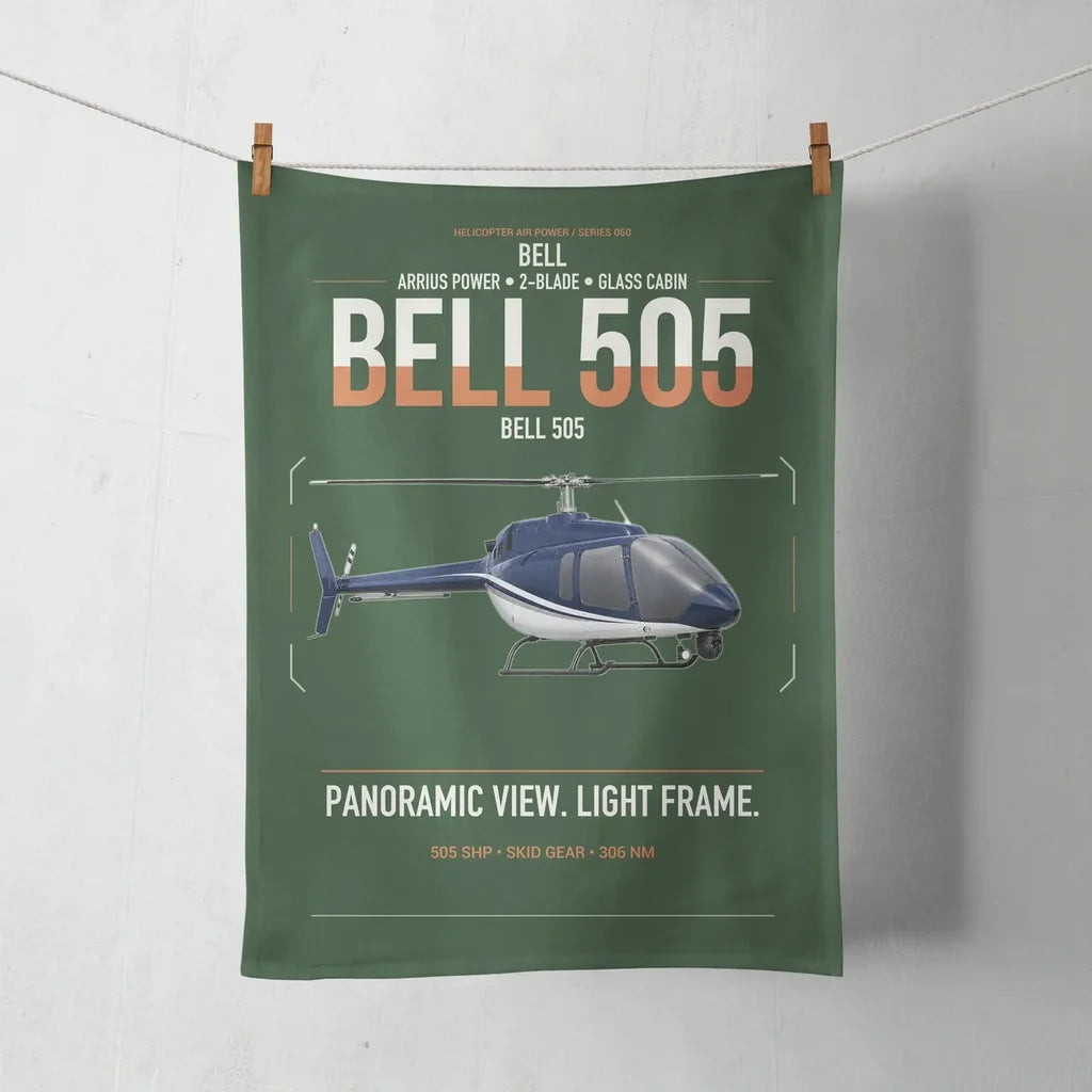 Bell 505 design on dark green towel