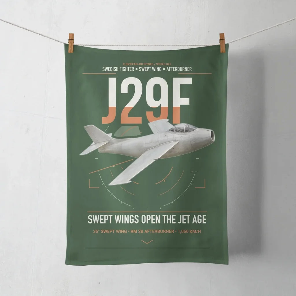 Saab J 29F Tunnan design on dark green towel