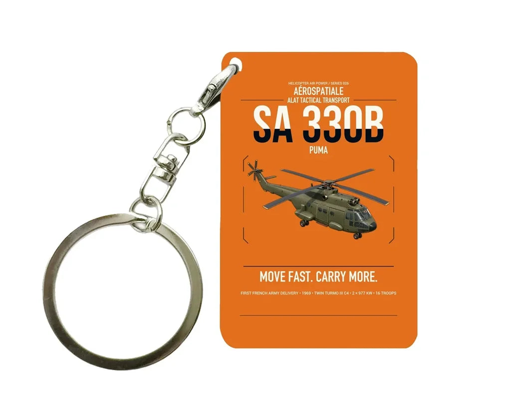 Aérospatiale SA 330B Puma design on orange designed key chain, double-side print
