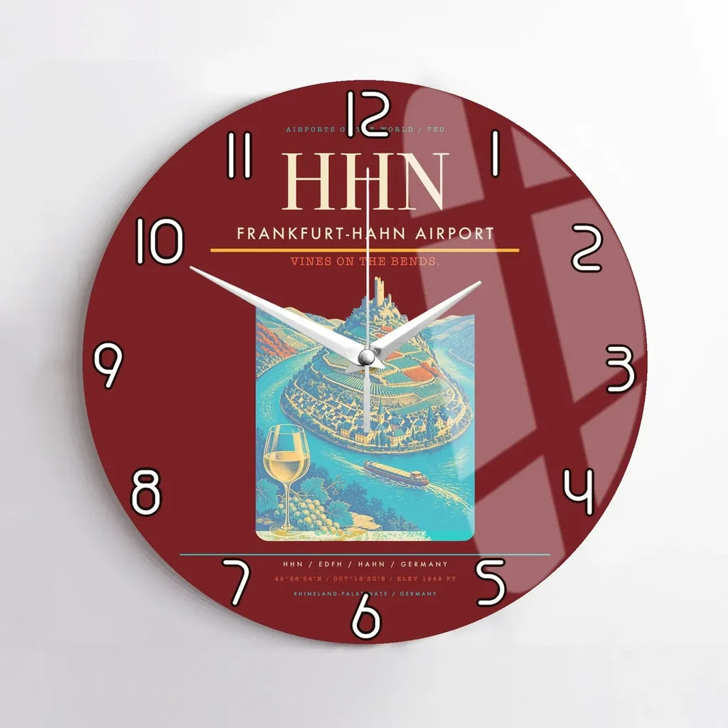 Frankfurt-Hahn Airport (HHN) design on dark red no frame wall clock
