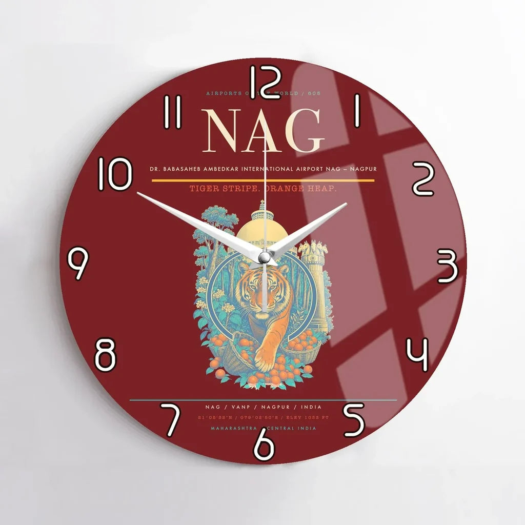 Dr. Babasaheb Ambedkar International Airport (NAG) design on dark red no frame wall clock