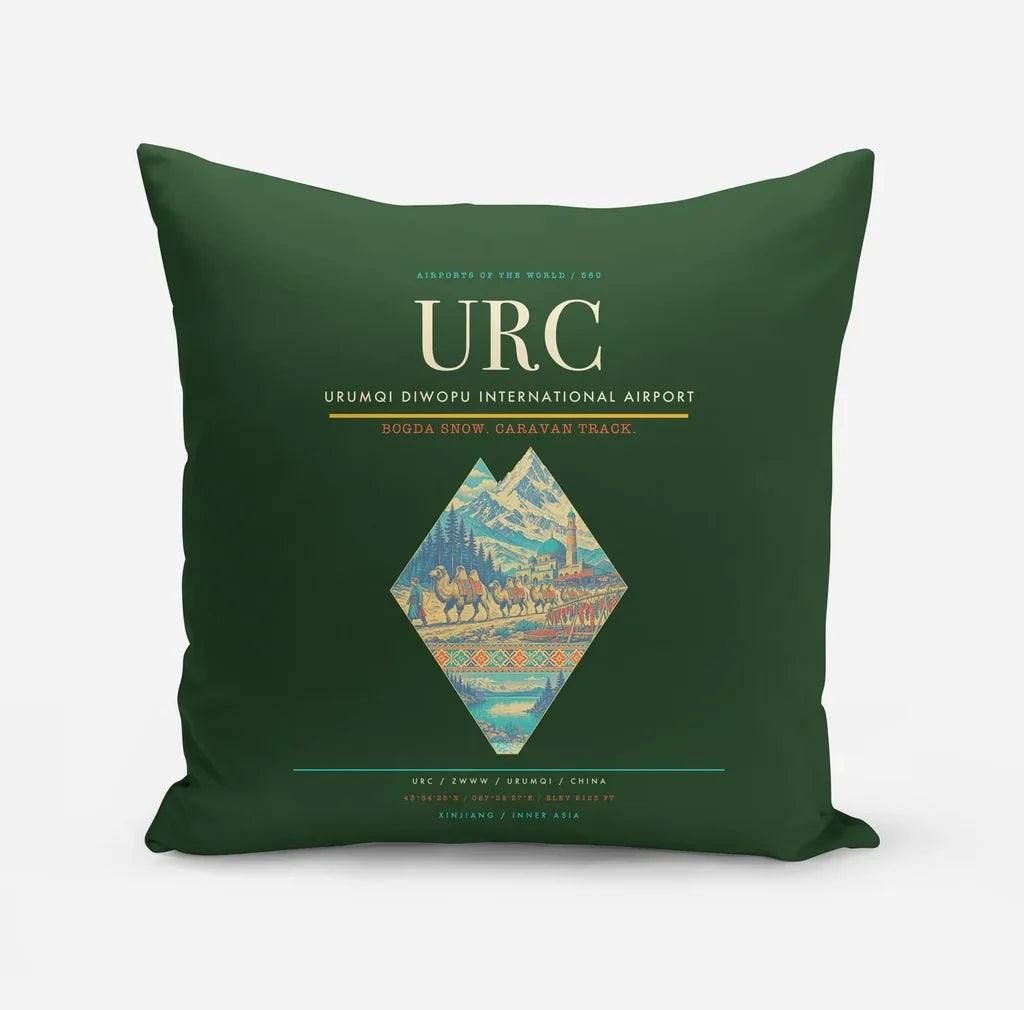 Urumqi Diwopu International Airport (URC) design on dark green pillow