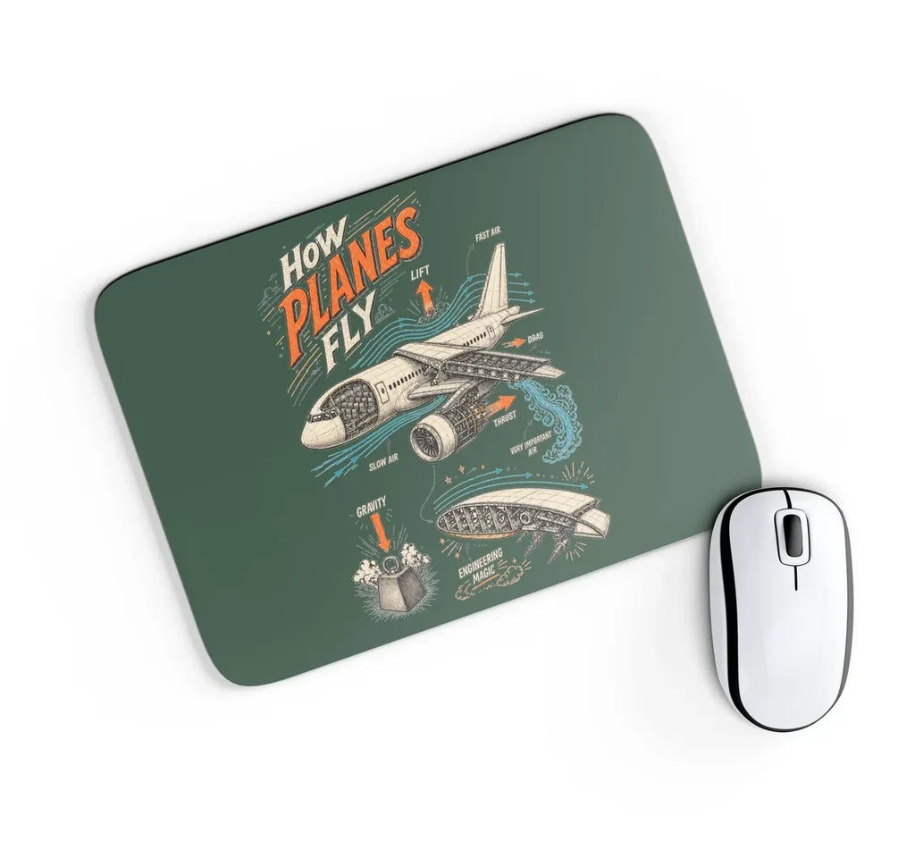 How Planes Fly V2 design on dark green rectangle mouse pad