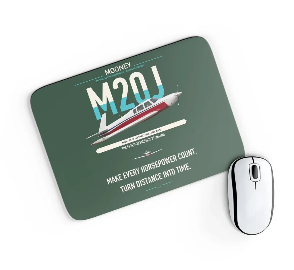 Mooney M20J 201 design on dark green rectangle mouse pad