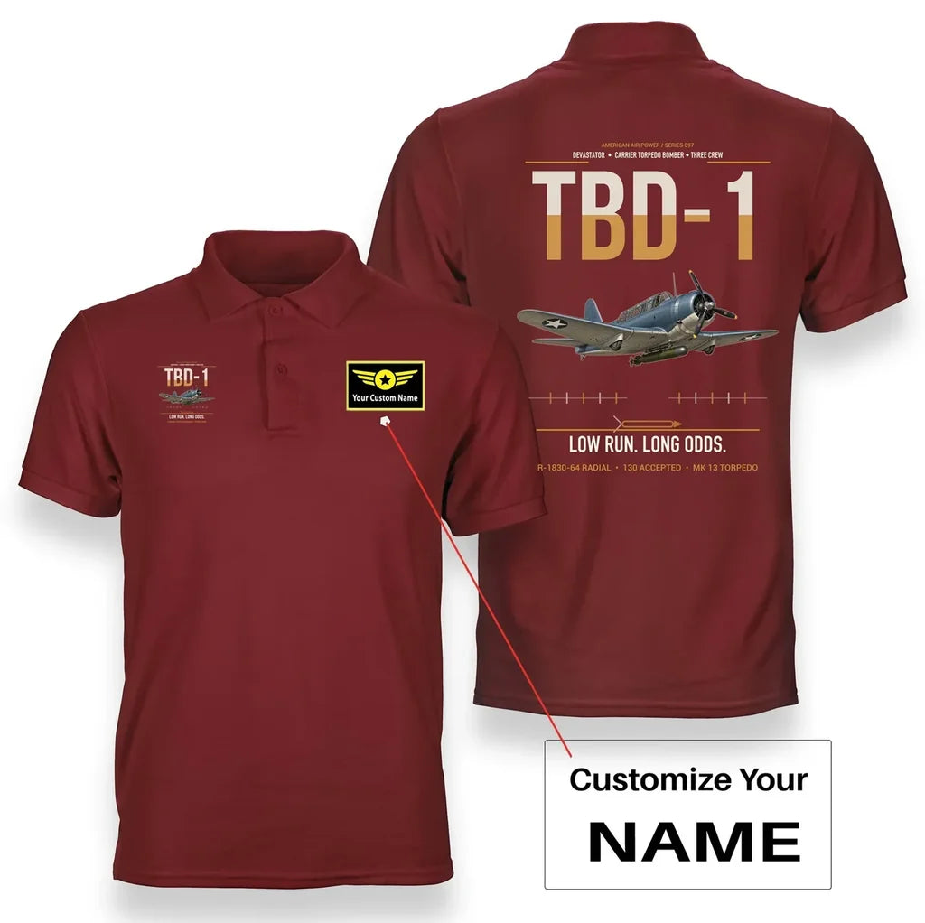 TBD-1 Devastator design on red+name double-side polo t-shirt, double-side print