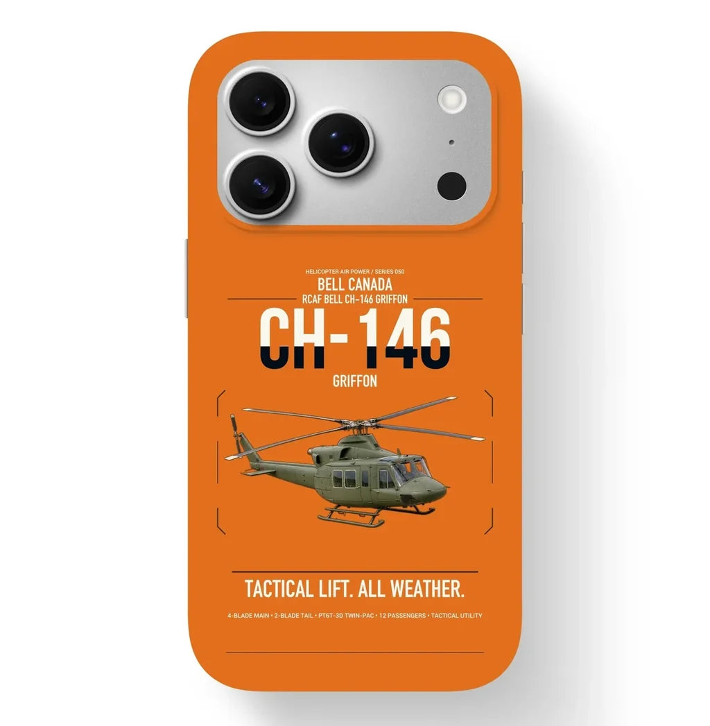 Bell Canada CH-146 Griffon design on orange magsafe iphone case, for iPhone 17 Pro