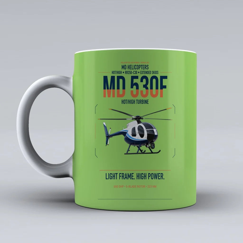 MD Helicopters MD 530F design on light green ceramic mug, double-side print