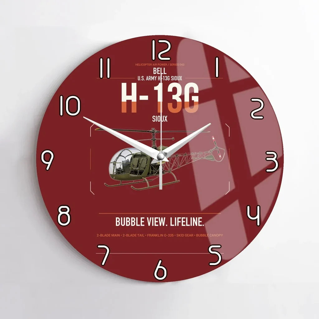 Bell H-13G Sioux design on dark red no frame wall clock
