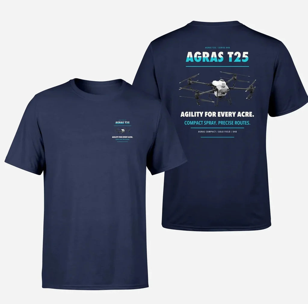 DJI Agras T25 design on navy blue t shirt