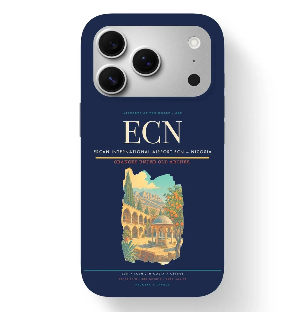 Nicosia Airport (ECN) design on navy blue iPhone 17 Pro MagSafe case