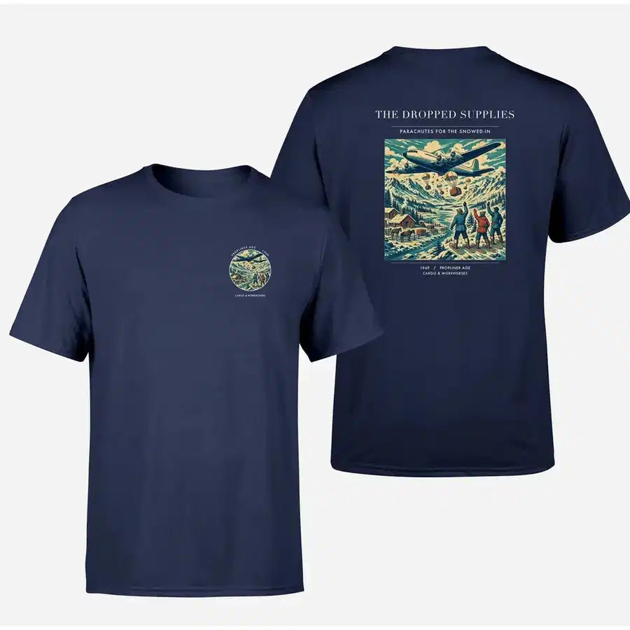VINTAGE G4234 - The Dropped Supplies - Double-Side T-Shirt design on navyblue double side t shirt