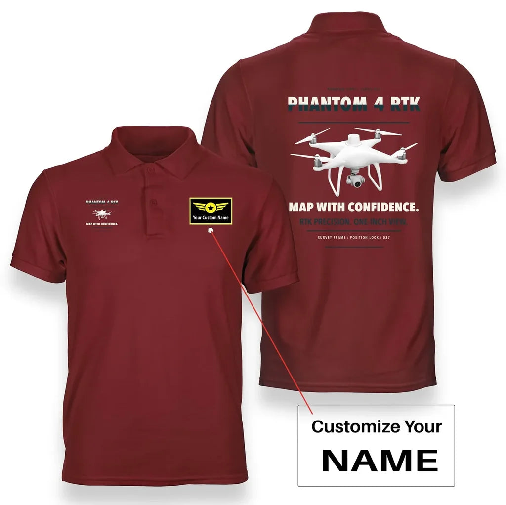 DJI Phantom 4 RTK design on red polo with custom name badge