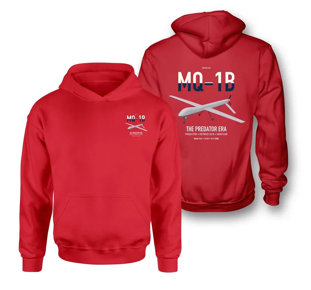 MQ-1B Predator design on red double-side hoodie, double-side print