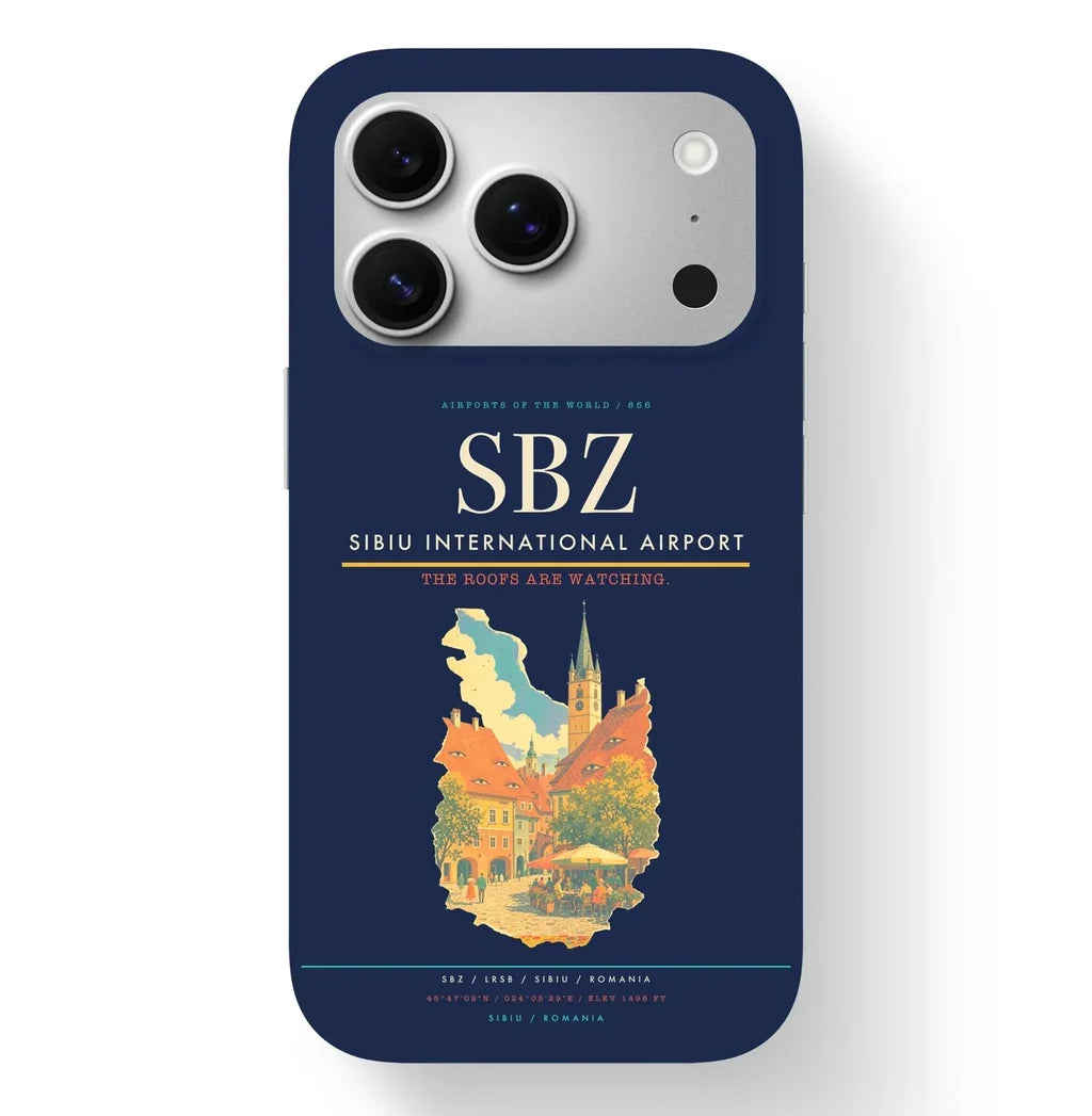 Sibiu Airport (SBZ) design on navy blue iPhone 17 Pro MagSafe case