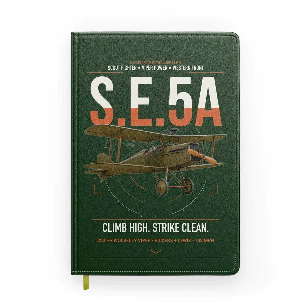 Royal Aircraft Factory S.E.5a design on dark green notebook