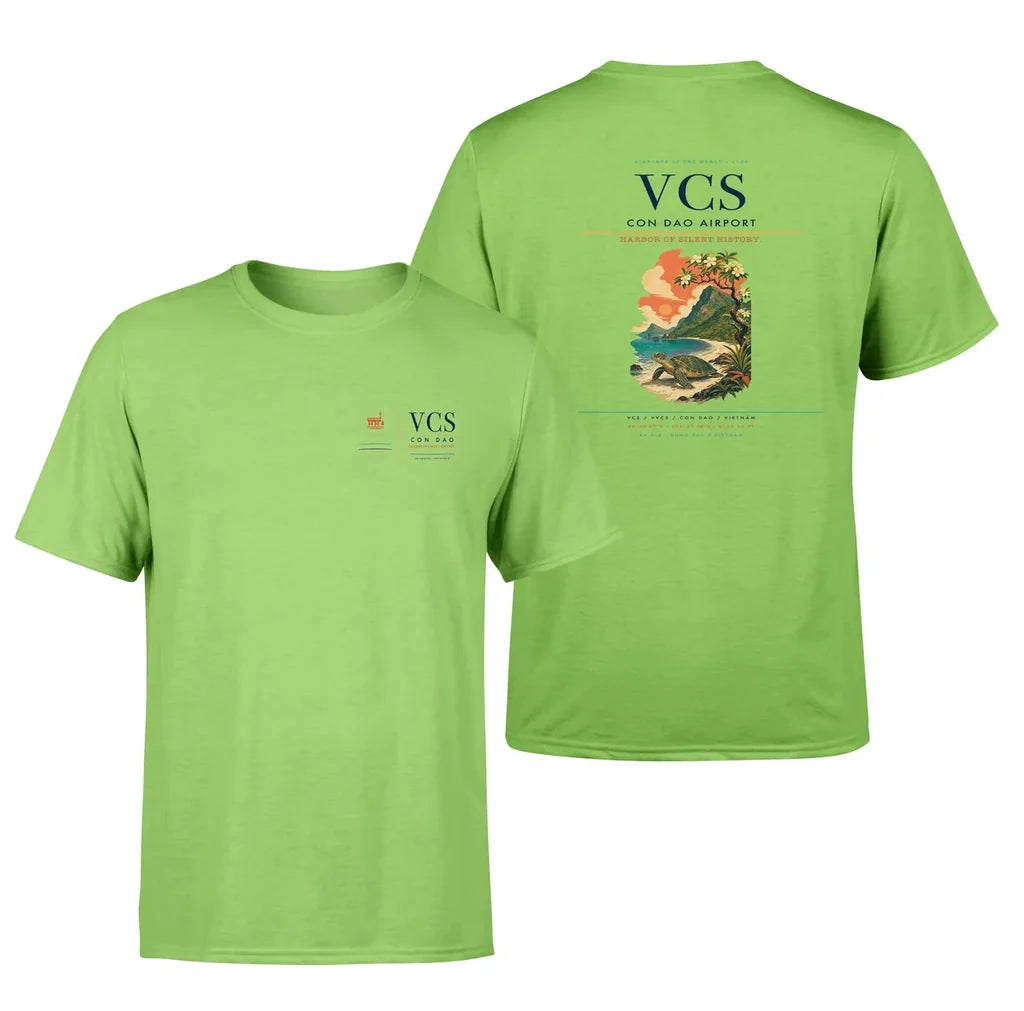 Con Dao Airport (VCS) design printed on light green double-side t-shirt