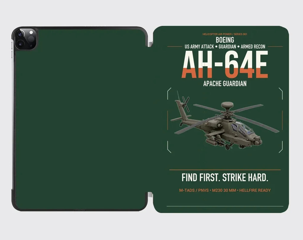Boeing AH-64E Apache Guardian design on dark green ipad tablet case