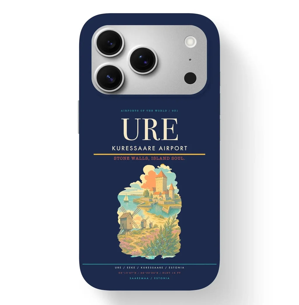 Kuressaare Airport (URE) design on navy blue iPhone 17 Pro MagSafe case