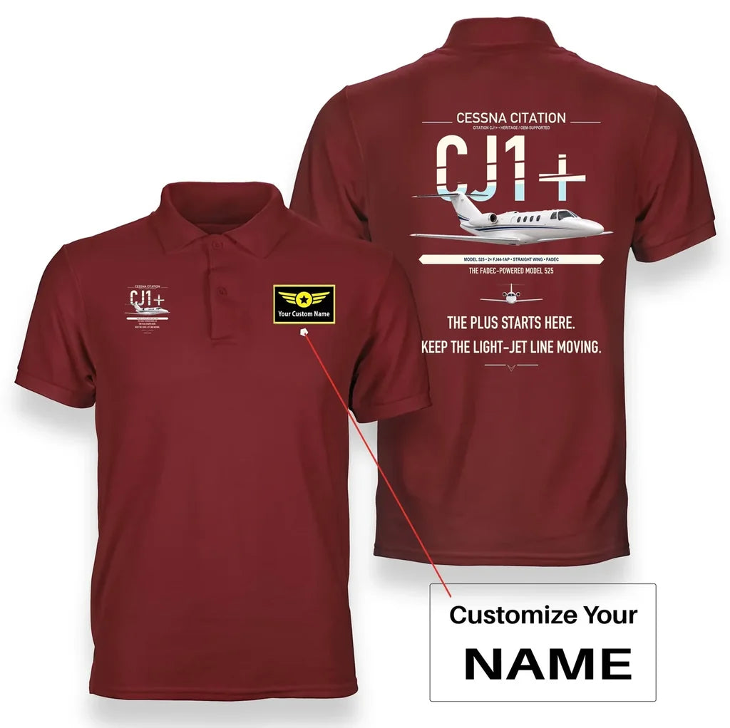 Cessna Citation CJ1+ design on red+name double-side polo t-shirt, double-side print