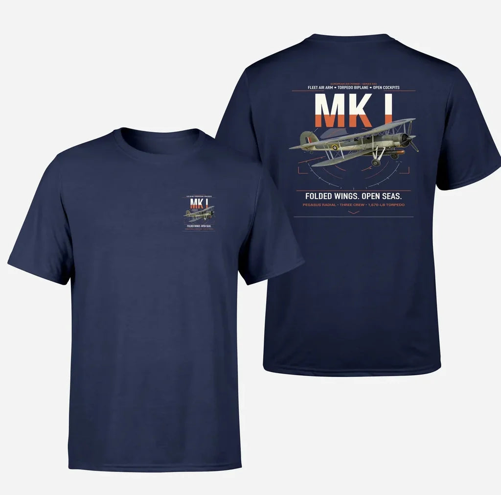 Fairey Swordfish Mk I design on navy blue t-shirt, double-side print