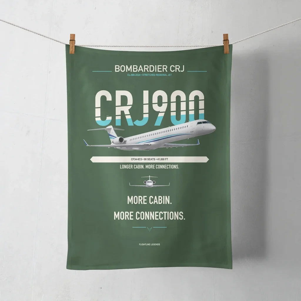 Bombardier CRJ900 design on dark green towel