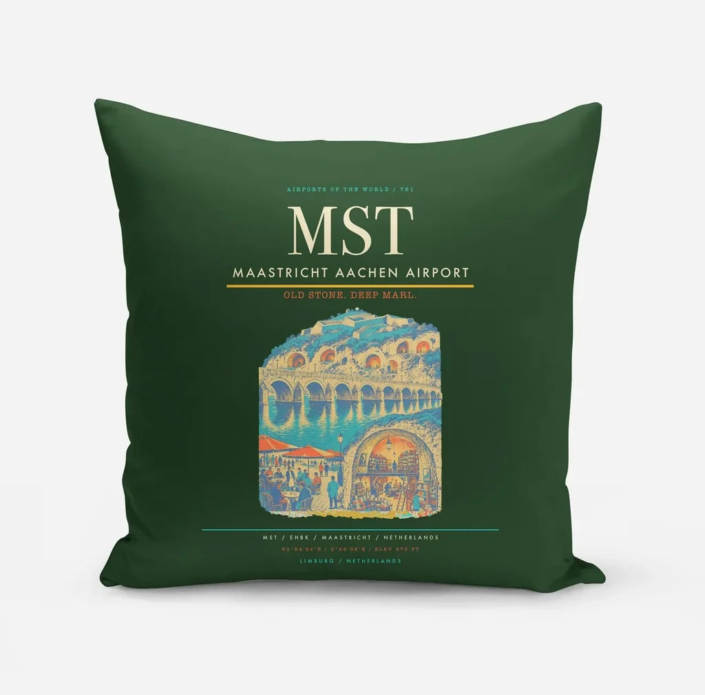 Maastricht Aachen Airport (MST) design on dark green pillow
