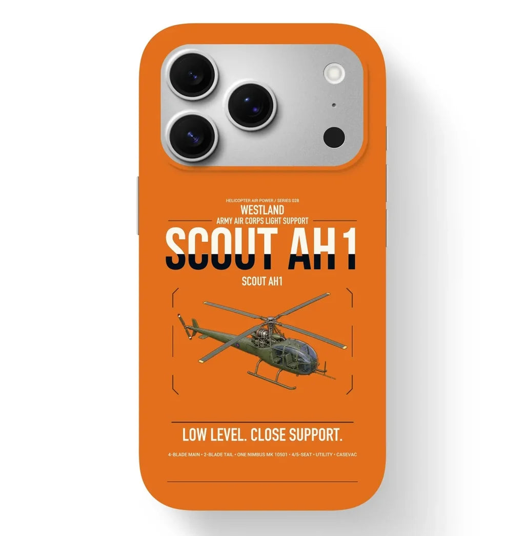 Westland Scout AH1 design on orange magsafe iphone case, for iPhone 17 Pro