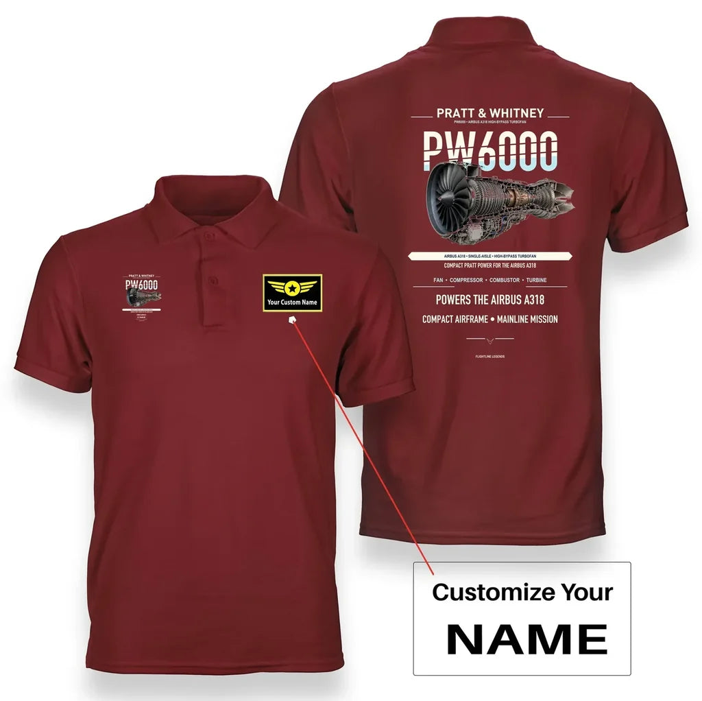 PW6000 design on red polo with custom name badge