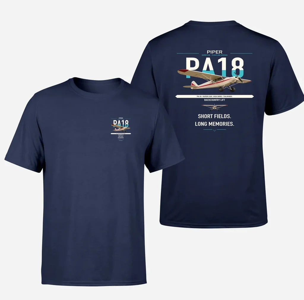 Piper PA-18 Super Cub design on navy blue t-shirt, double-side print