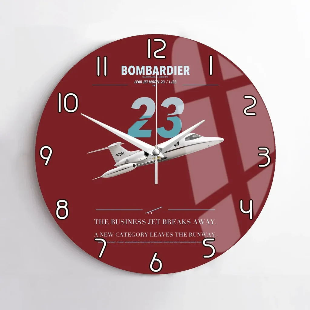 Bombardier Learjet 23 design on dark red no frame wall clock