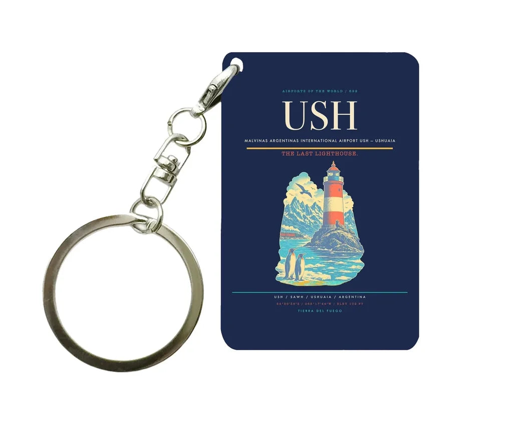 Malvinas Argentinas International Airport (USH) design on navy blue key chain