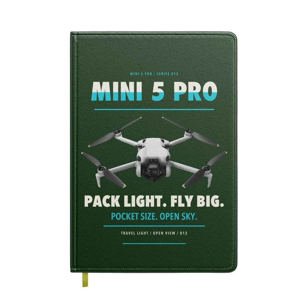 DJI Mini 5 Pro design on dark green notebook