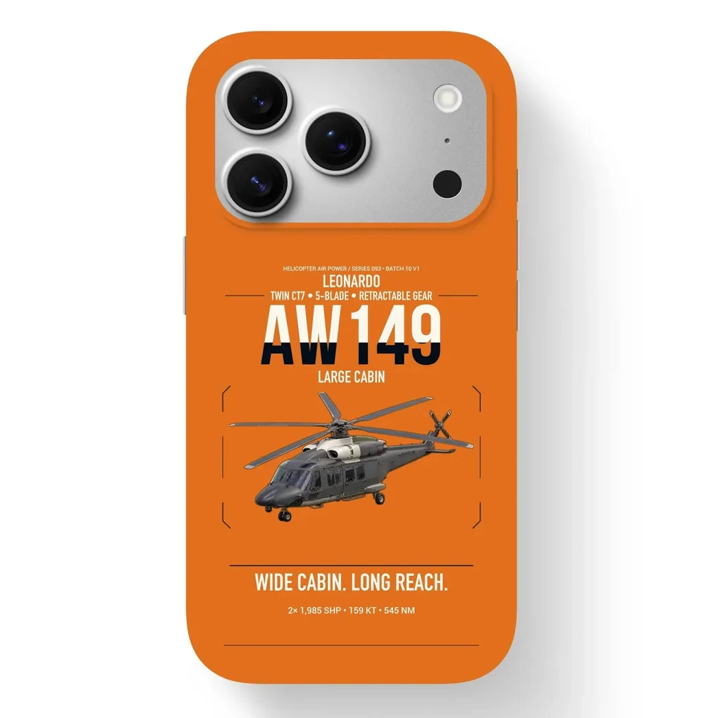 Leonardo AW149 design on orange magsafe iphone case, for iPhone 17 Pro