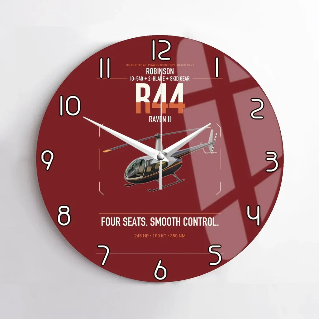 Robinson R44 Raven II design on dark red no frame wall clock