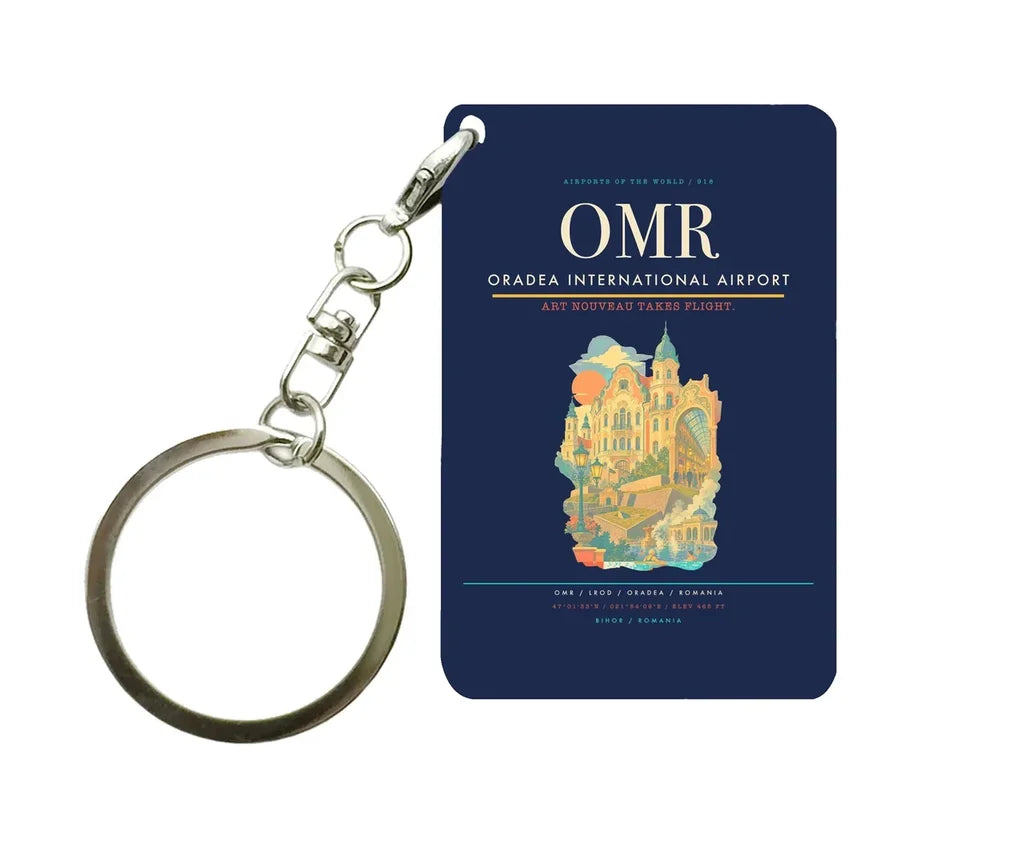 Oradea International Airport (OMR) design on navy blue key chain