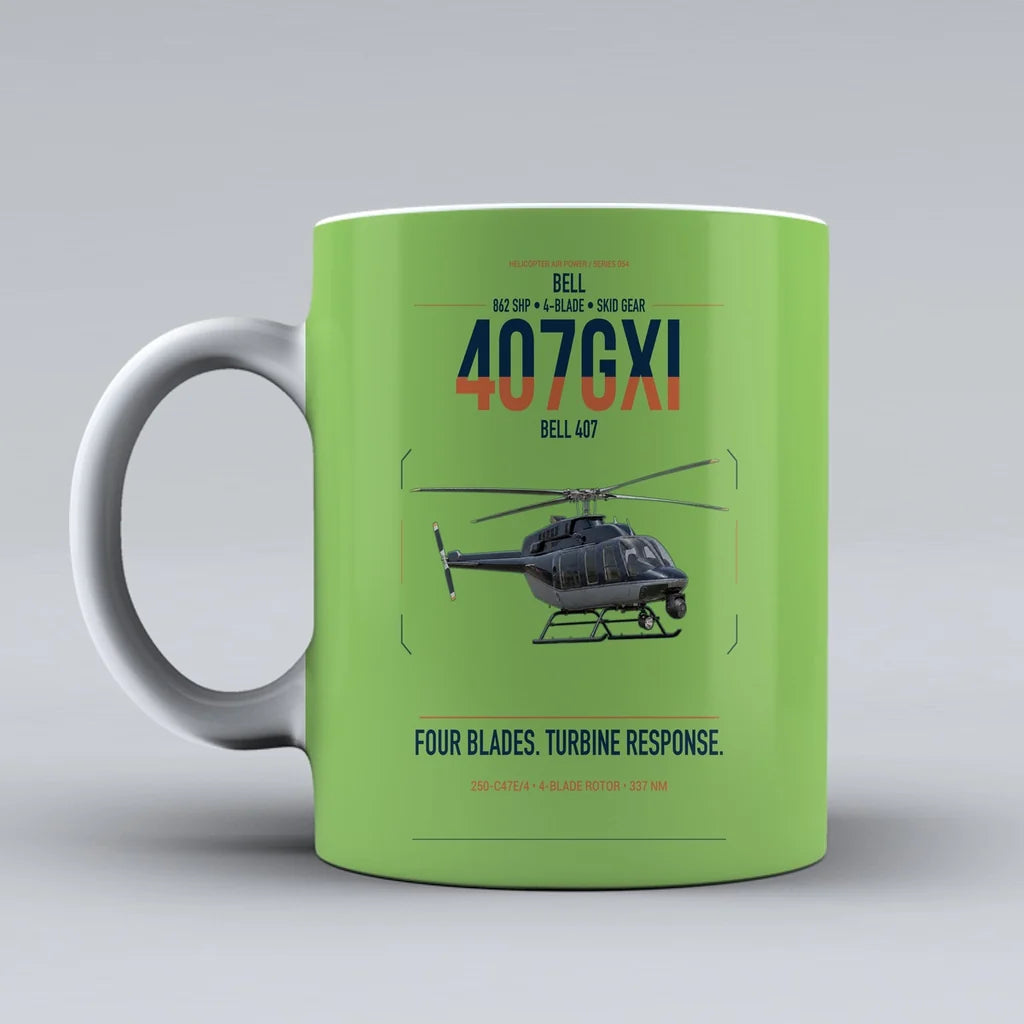 Bell 407GXi design on light green ceramic mug, double-side print