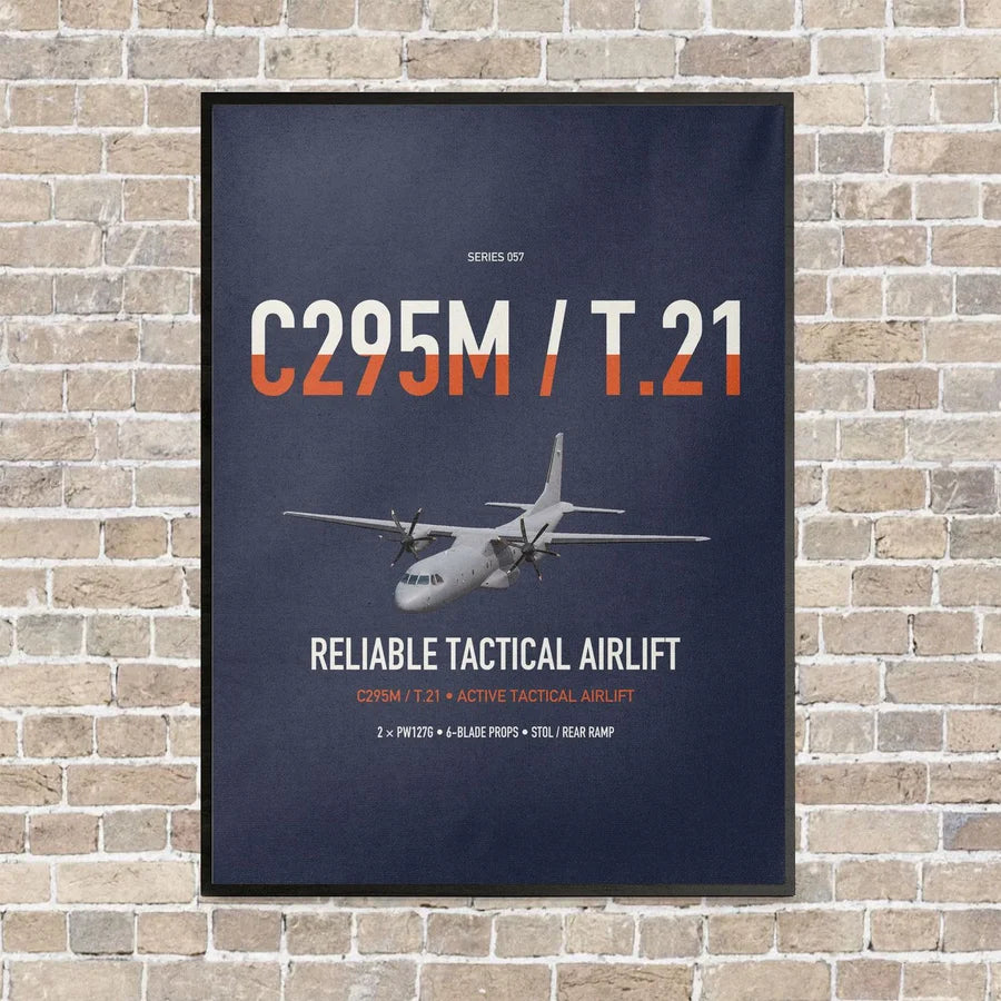 Airbus C295M T.21 vertical canvas print - framed - navy blue background