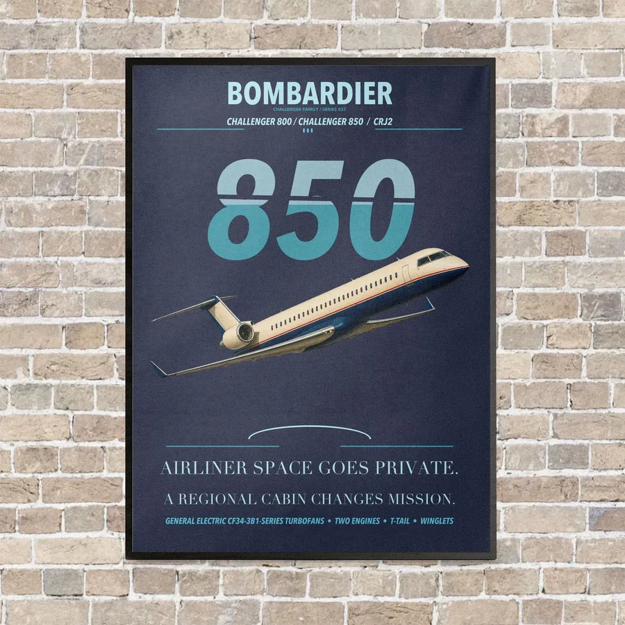 Bombardier Challenger 850 vertical canvas print - framed - navy blue background