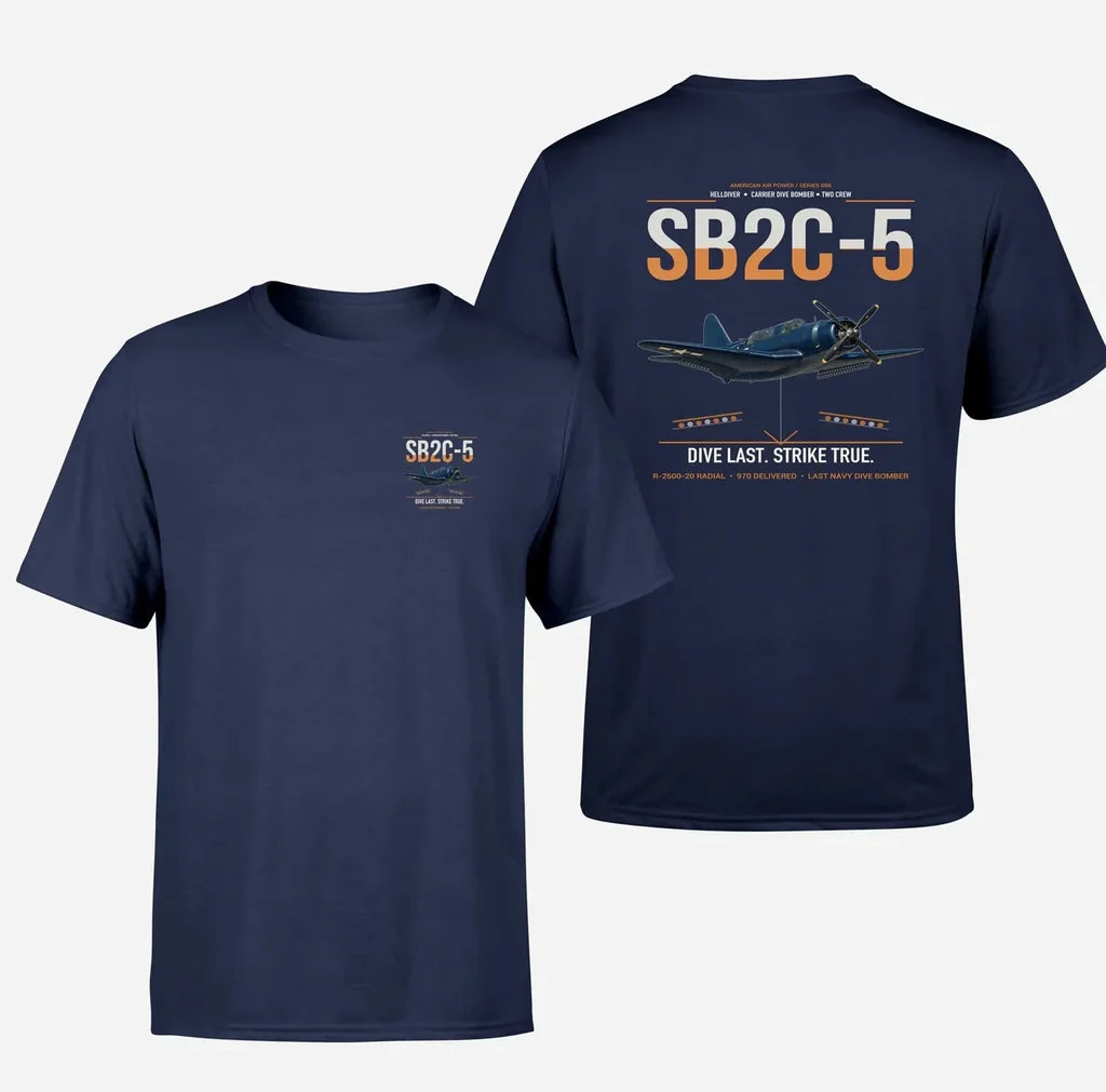 SB2C-5 Helldiver design on navy blue double-side t-shirt, double-side print