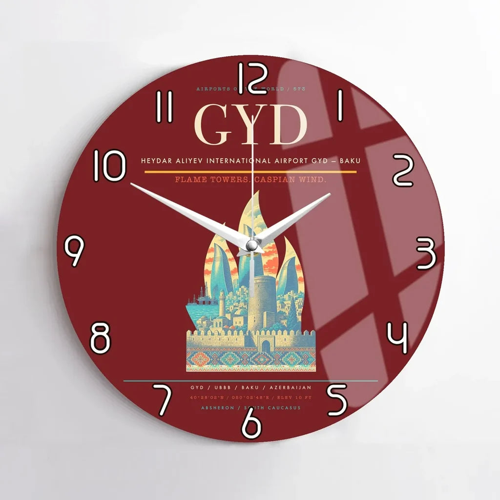Heydar Aliyev International Airport (GYD) design on dark red no frame wall clock