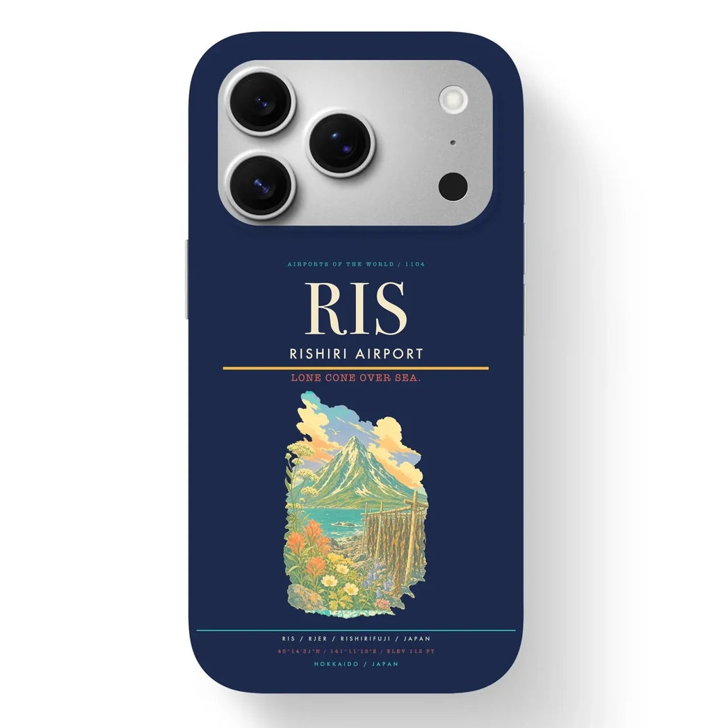 Rishirifuji Airport (RIS) design on navy blue iPhone 17 Pro MagSafe case