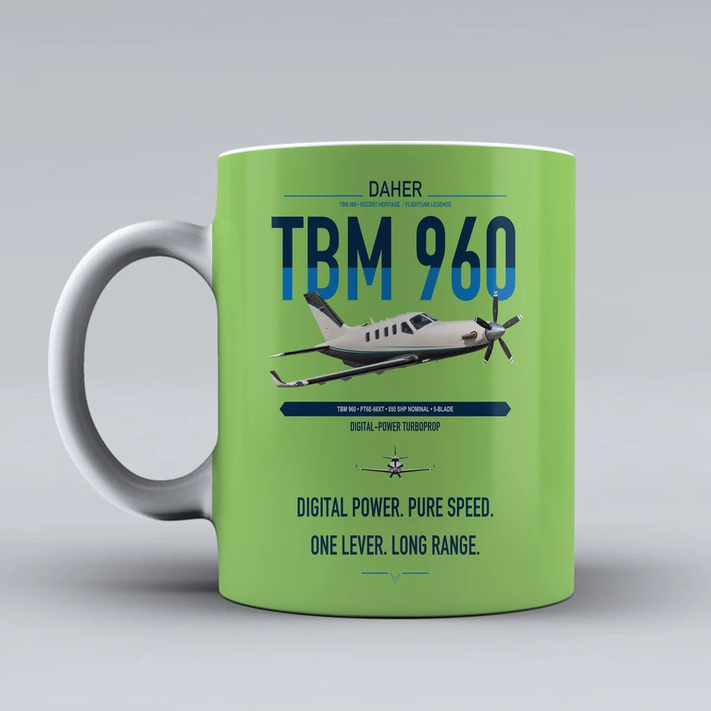 Daher TBM 960 design on light green ceramic mug, double-side print