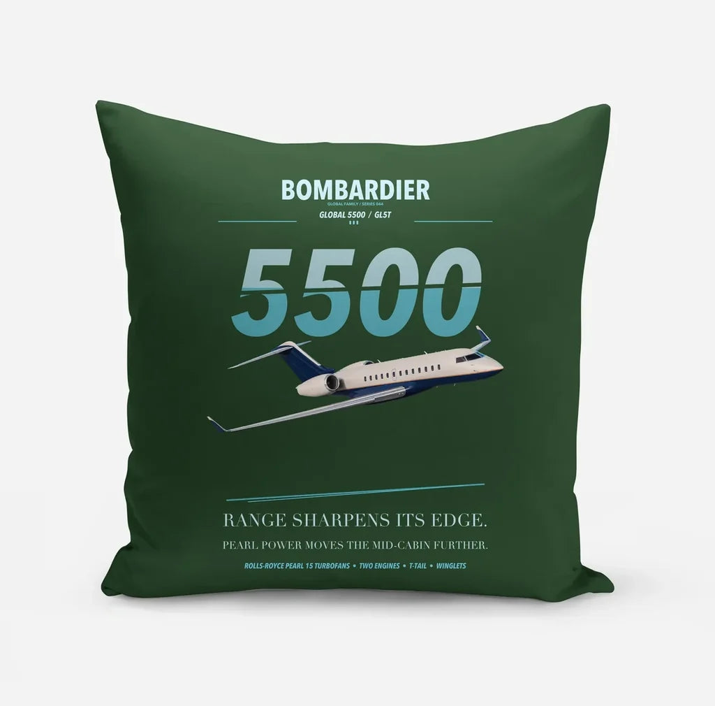 Bombardier Global 5500 design on dark green pillow
