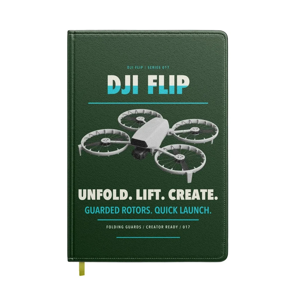 DJI Flip design on dark green notebook