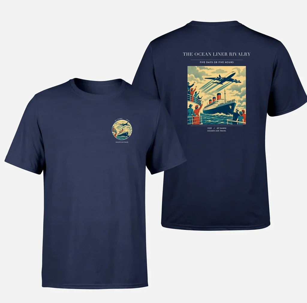 VINTAGE G4307 - The Ocean Liner Rivalry - Double-Side T-Shirt design on navyblue double side t shirt