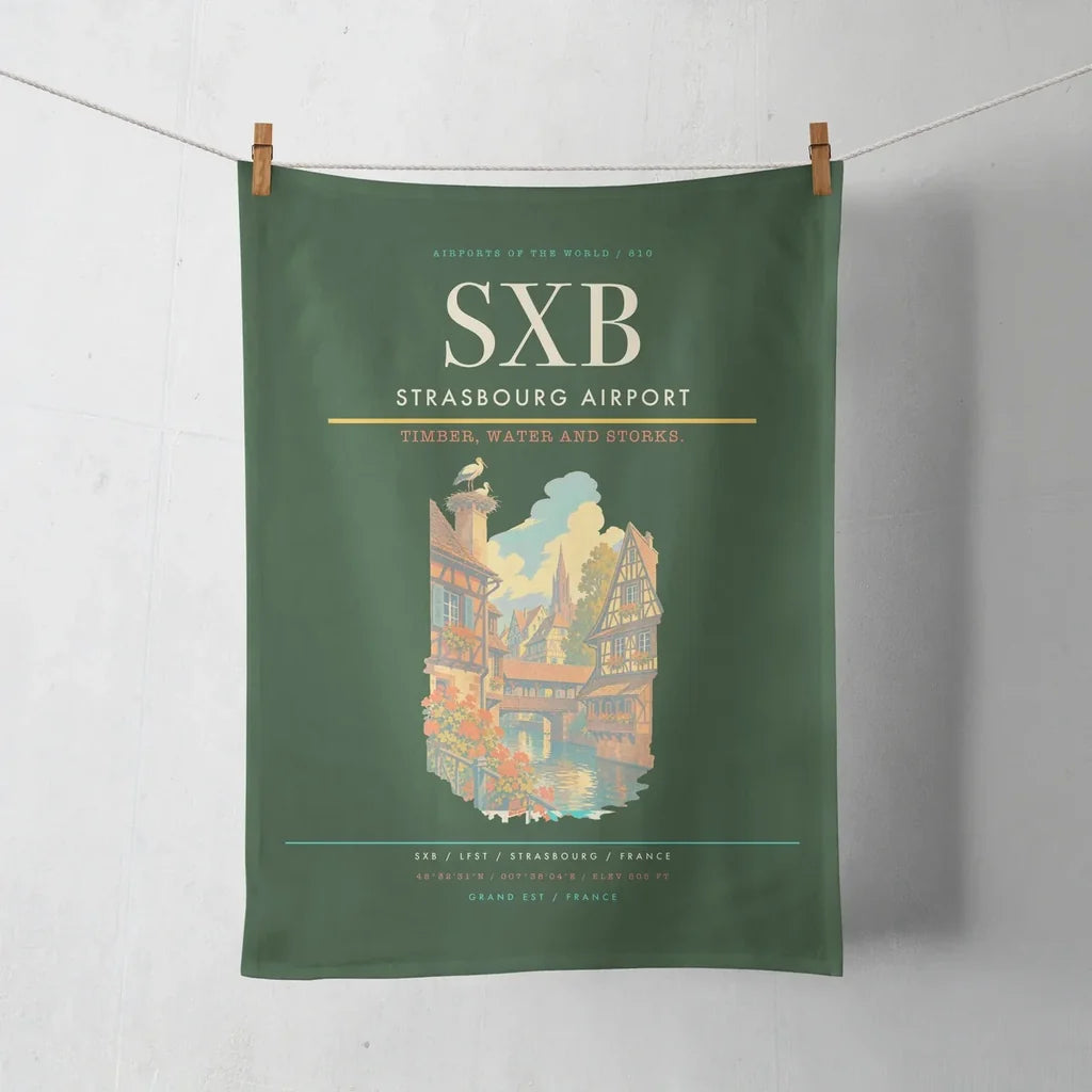 Strasbourg Airport (SXB) design on dark green towel