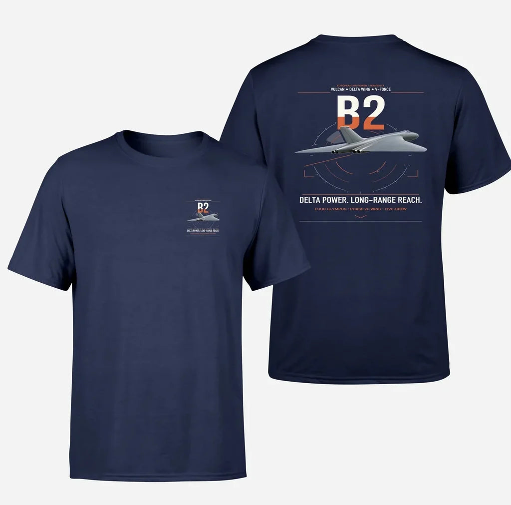 Avro Vulcan B2 design on navy blue t-shirt, double-side print