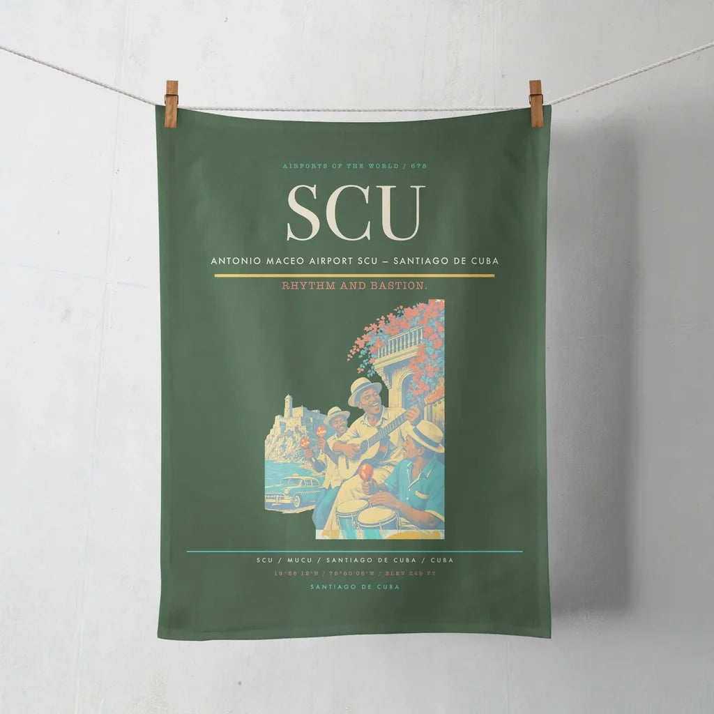 Antonio Maceo Airport (SCU) design on dark green towel