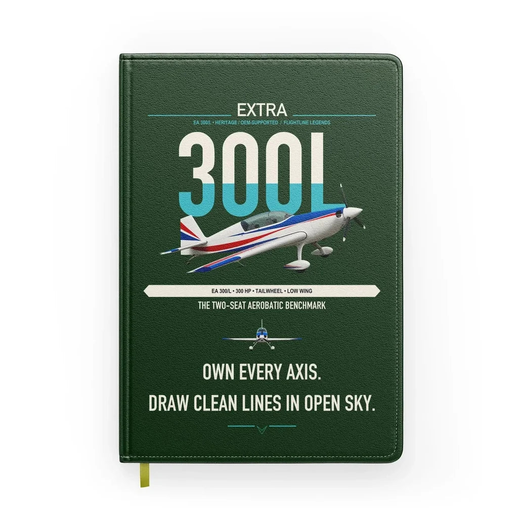 Extra 300L design on dark green notebook